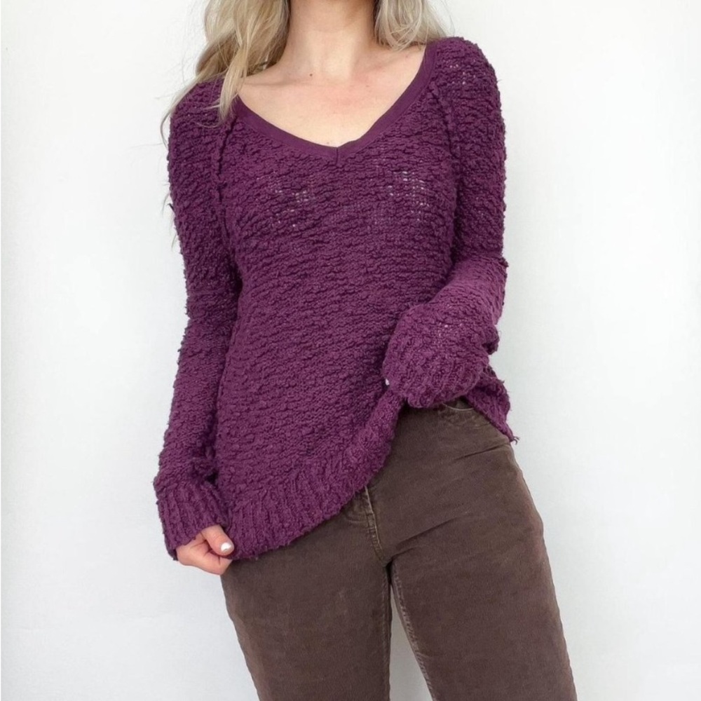 Free People Eggplant Open Knit V-Neck Sweater - Picture 3 of 12